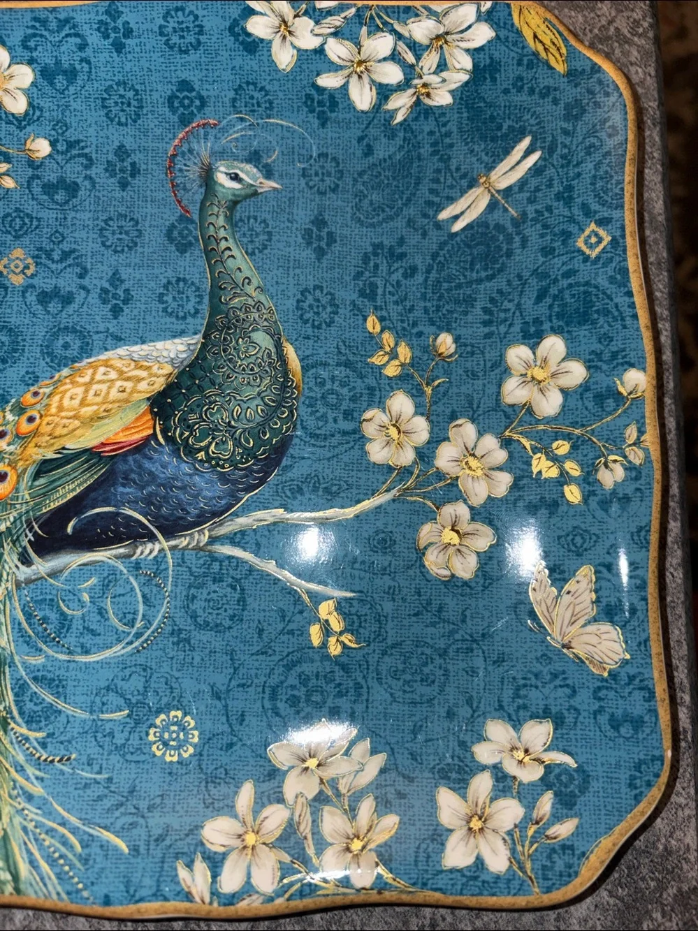 Certified International Exotic Garden Peacock Square Salad Plate 2 Plate Set EUC